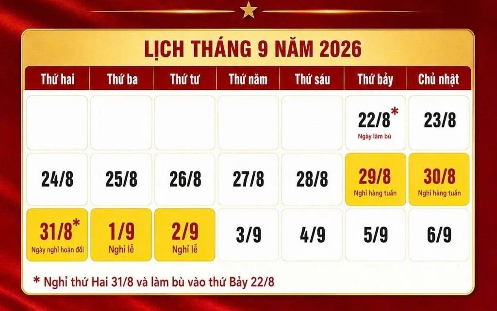 Lịch nghỉ lễ 2/9/2026