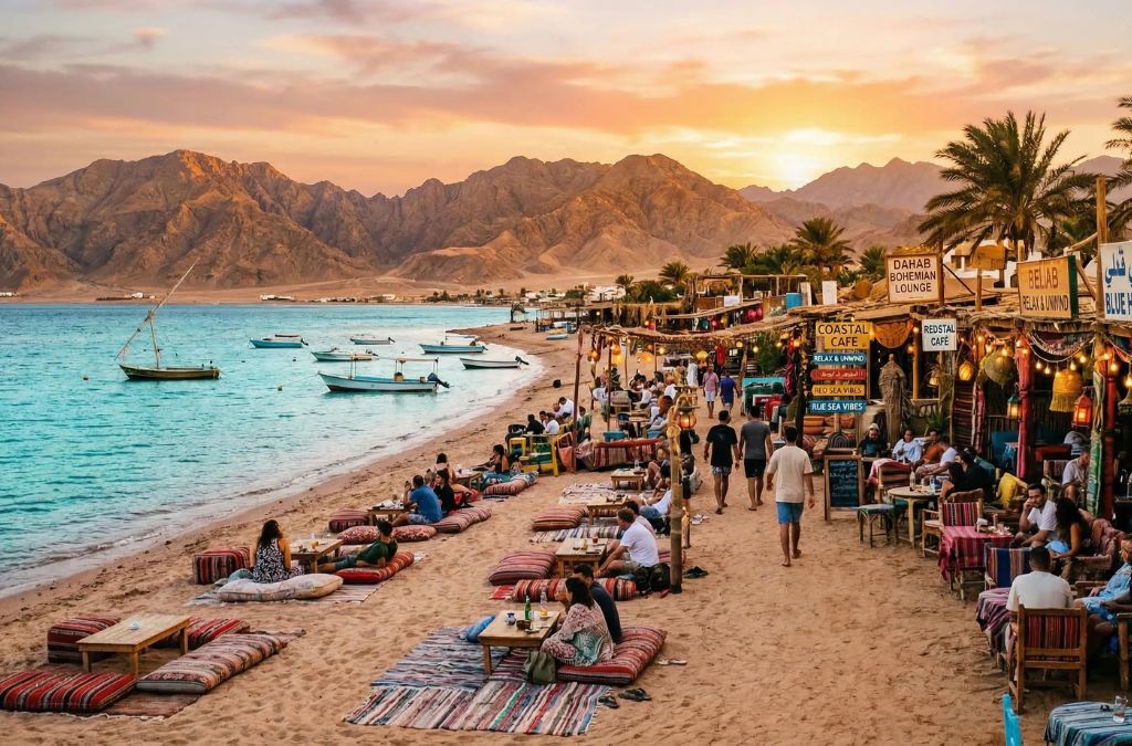 Lối đi ven biển Masbat Promenade với quán cà phê và tầm nhìn ra Biển Đỏ tại Dahab.