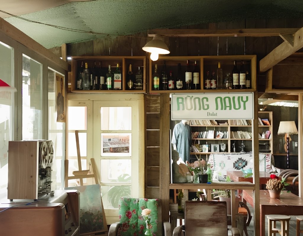 Nội thất gỗ mộc bên trong Rừng Na Uy Cafe