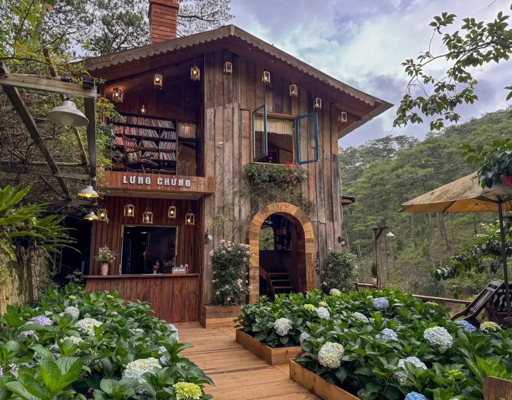 Căn nhà gỗ của Lưng Chừng Cafe giữa rừng thông