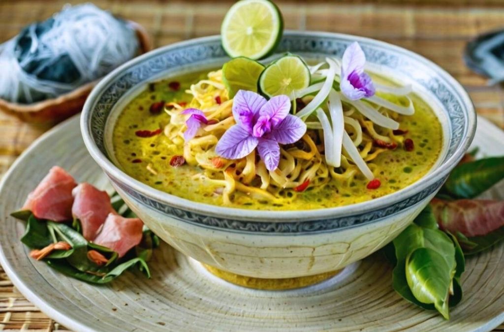 Bát Nom Banh Chok với bún, nước lèo và rau ăn kèm