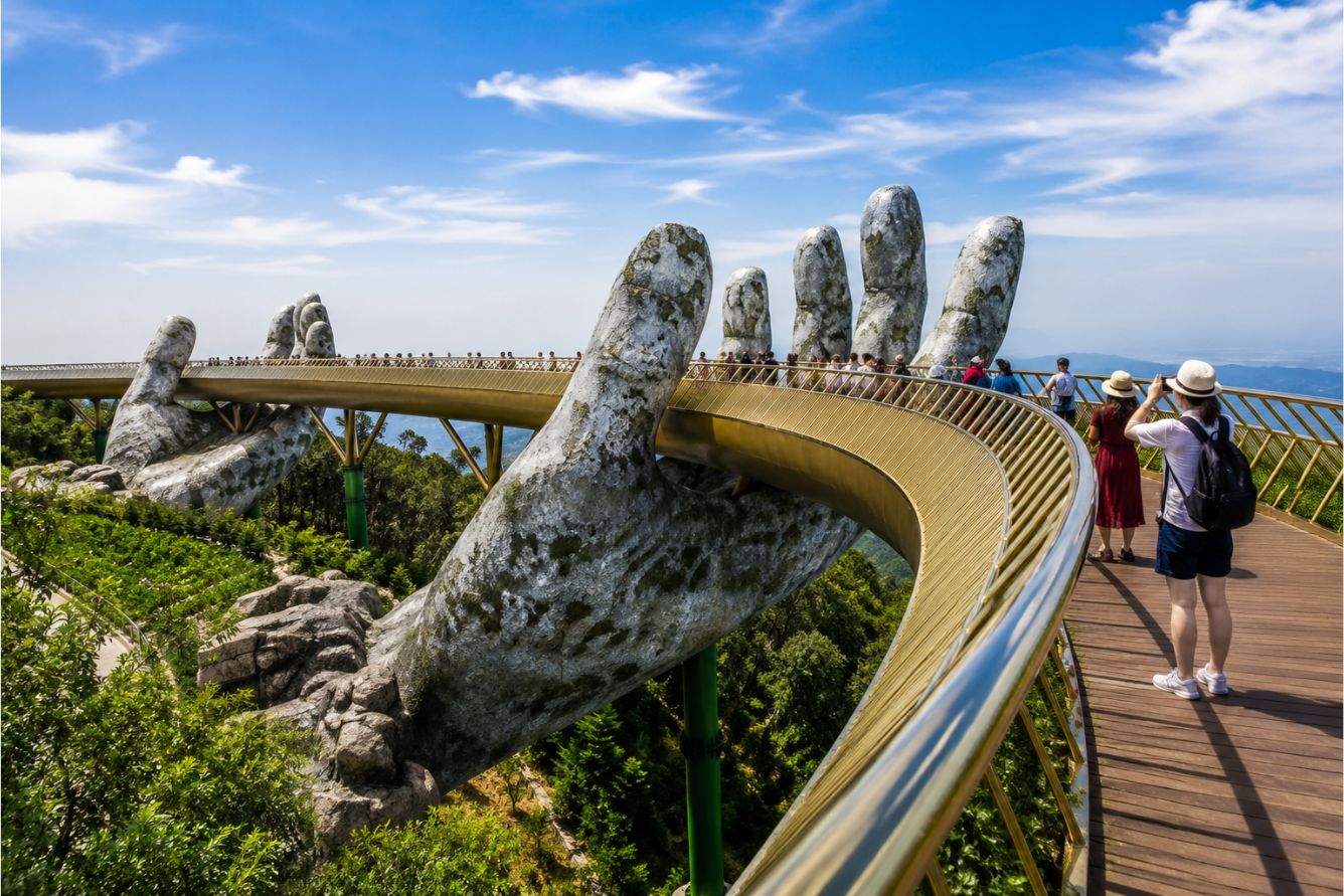 Góc chụp đẹp với bàn tay đá trên Cầu Vàng