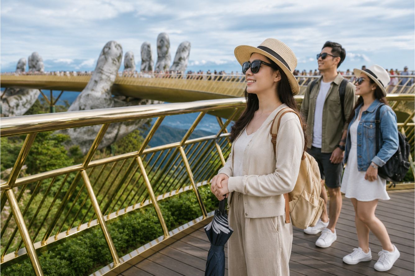 Du khách chuẩn bị tư trang khi tham quan Cầu Vàng