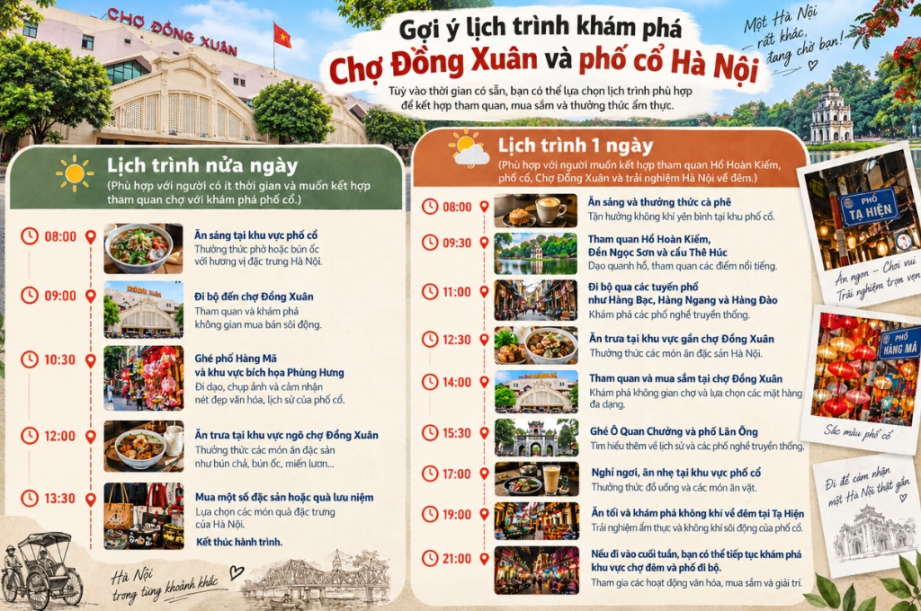 Lịch trình khám phá Chợ Đồng Xuân và phố cổ Hà Nội.