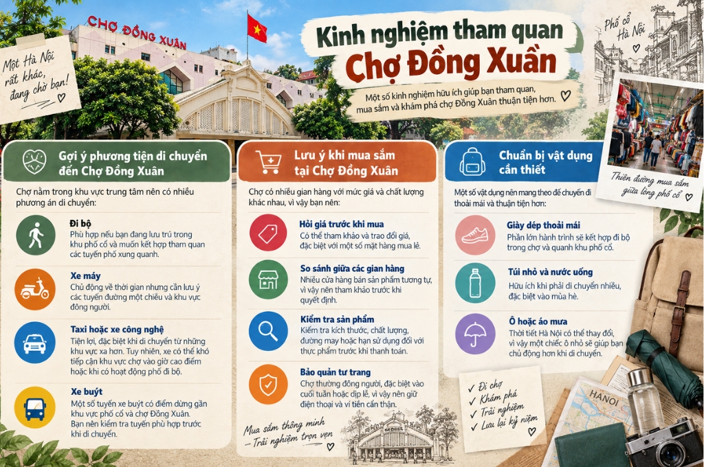 Kinh nghiệm tham quan Chợ Đồng Xuân gồm cách di chuyển, lưu ý mua sắm và vật dụng cần thiết.