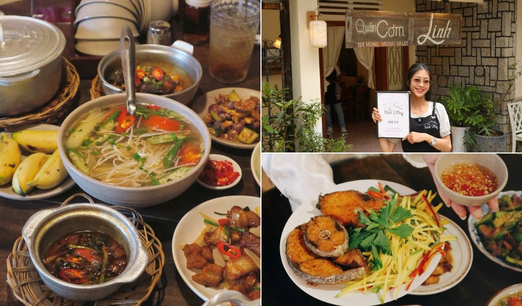 Cá kho tộ và rau xào tại Quán Cơm Linh Đà Lạt