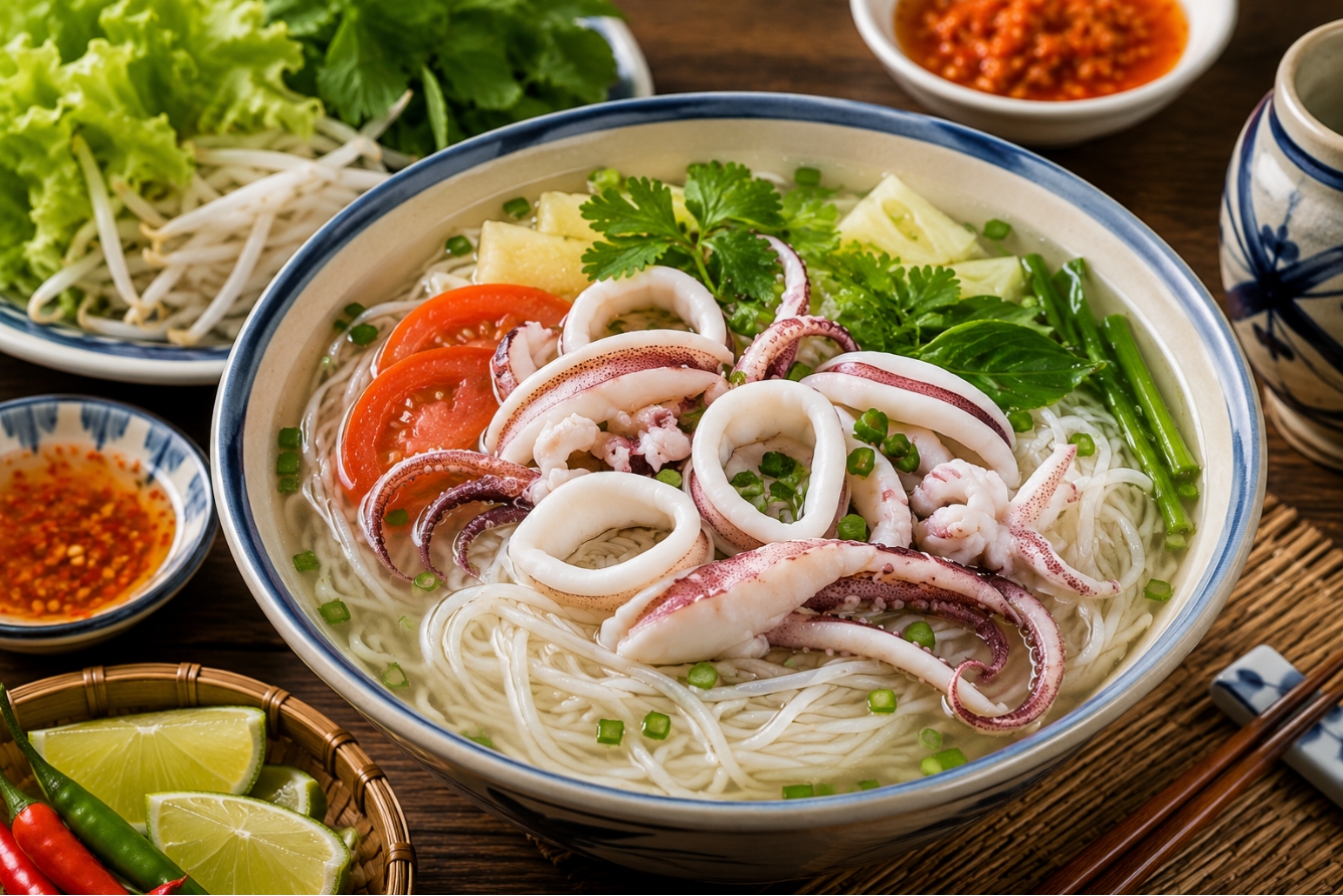 Đặc sản bún mực với nước dùng thanh ngọt và mực tươi hấp dẫn.