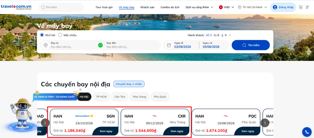 Đặt vé máy bay trên website của Vietravel
