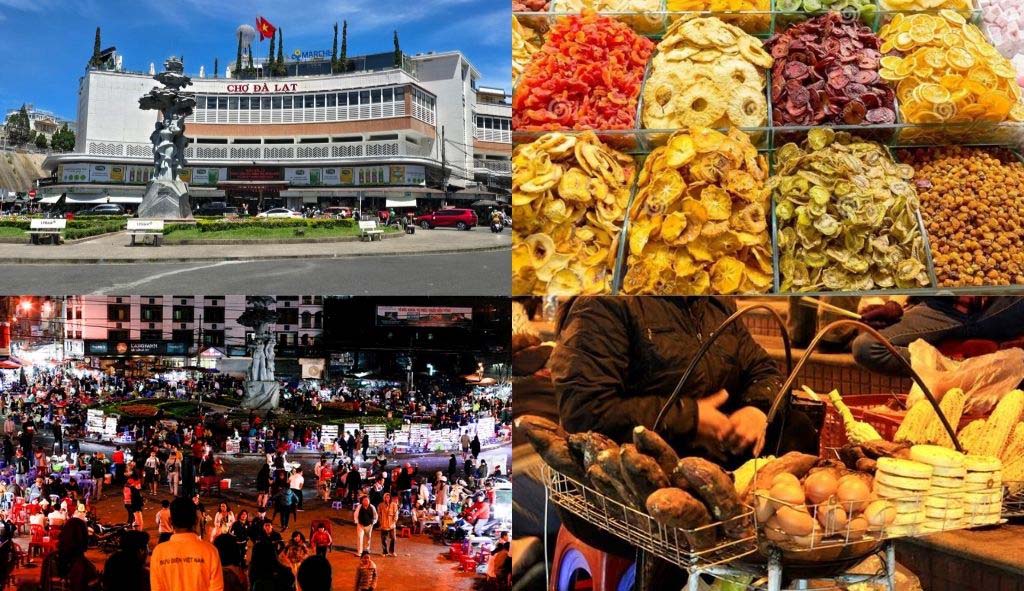 Không gian nhộn nhịp tại Chợ Đà Lạt với nhiều gian hàng đặc sản.