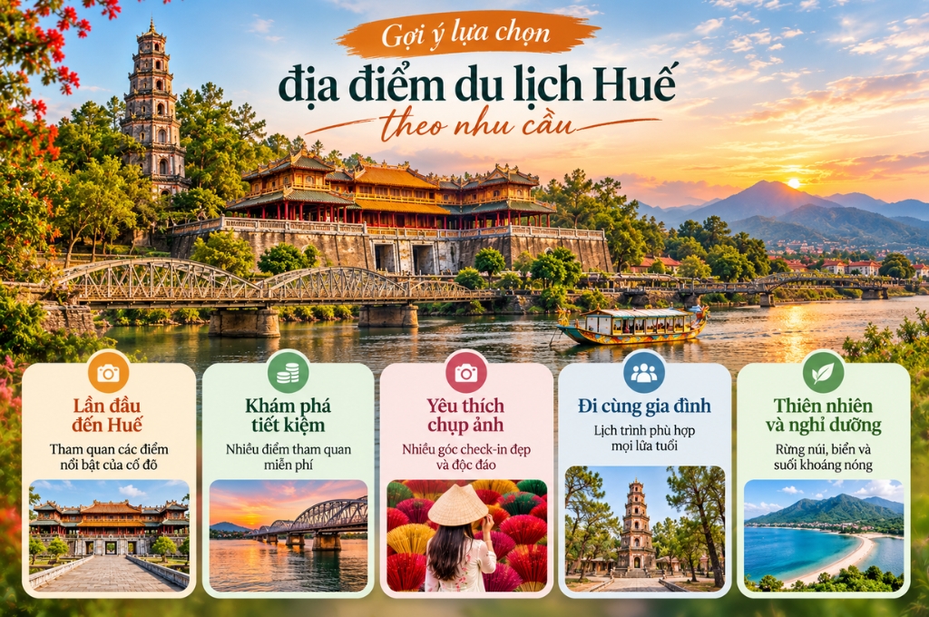 Bảng gợi ý lựa chọn địa điểm du lịch Huế theo nhu cầu như lần đầu đến Huế, tiết kiệm, chụp ảnh, gia đình và nghỉ dưỡng