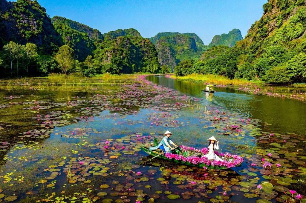 Thuyền tham quan Thung Nắng Ninh Bình giữa hồ hoa súng và núi đá vôi xanh