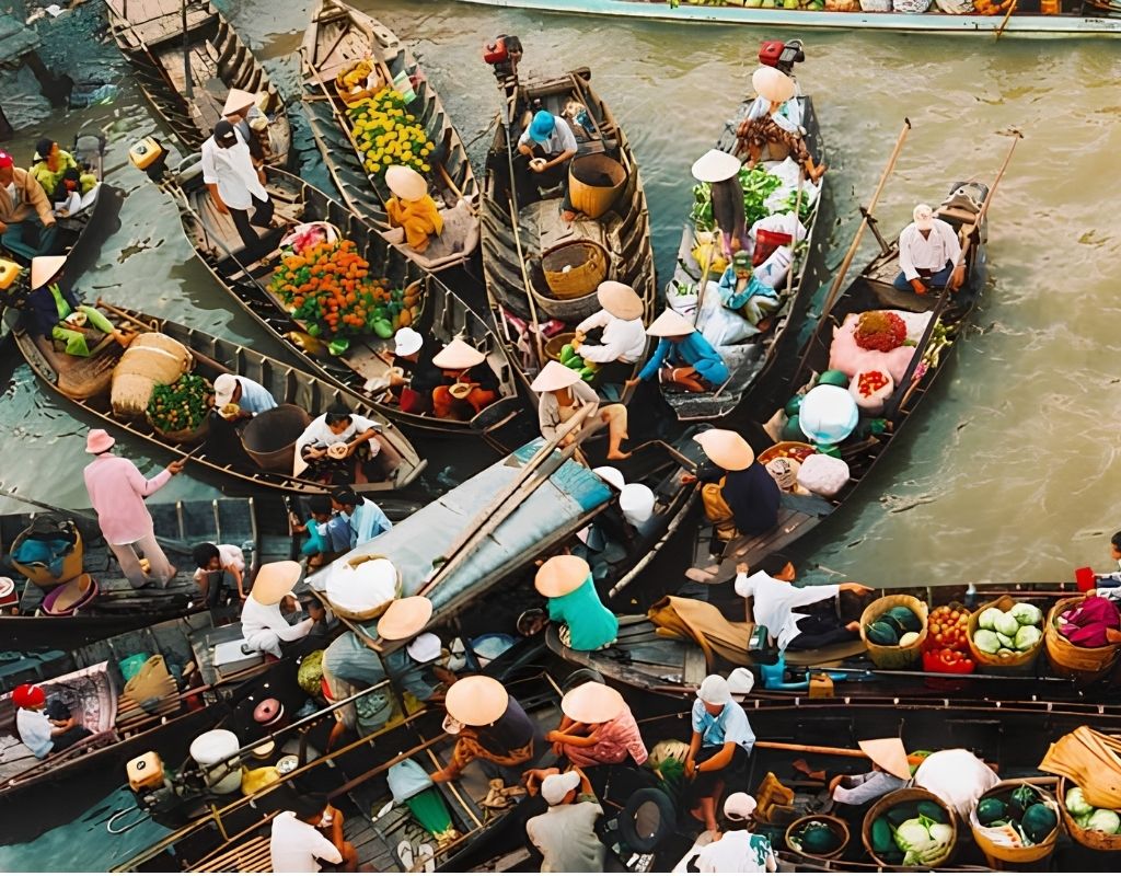 Chợ nổi Cái Răng với những ghe thuyền chở đầy trái cây, nông sản và hoạt động mua bán nhộn nhịp trên sông Cần Thơ.