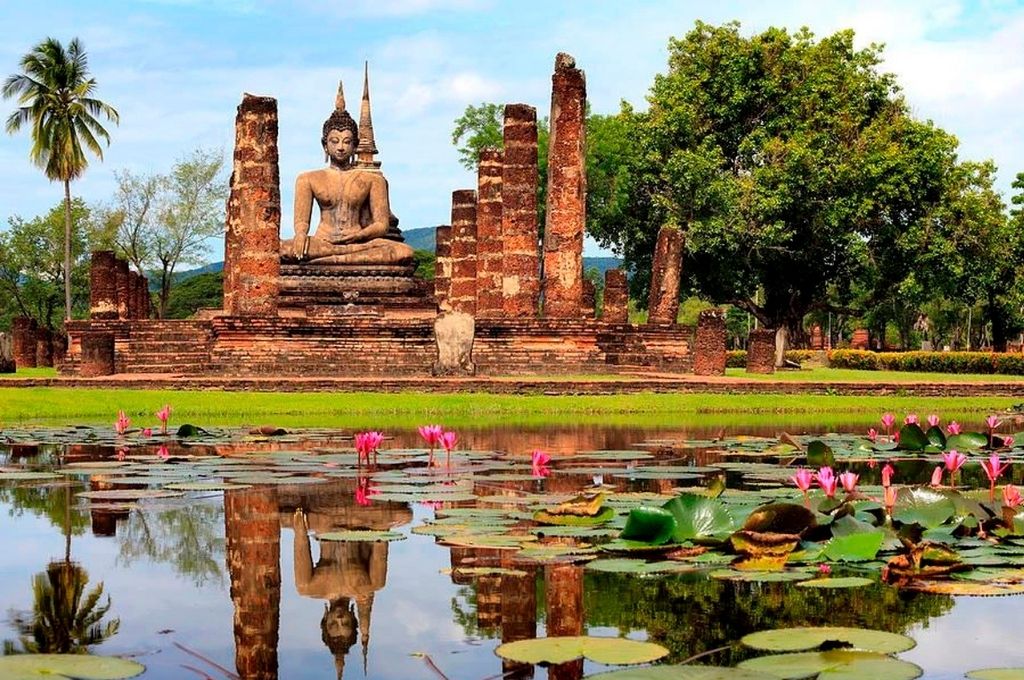 Ngắm nhìn hồ nước nở đầy hoa súng quanh Wat Mahathat trong công viên Sukhothai.
