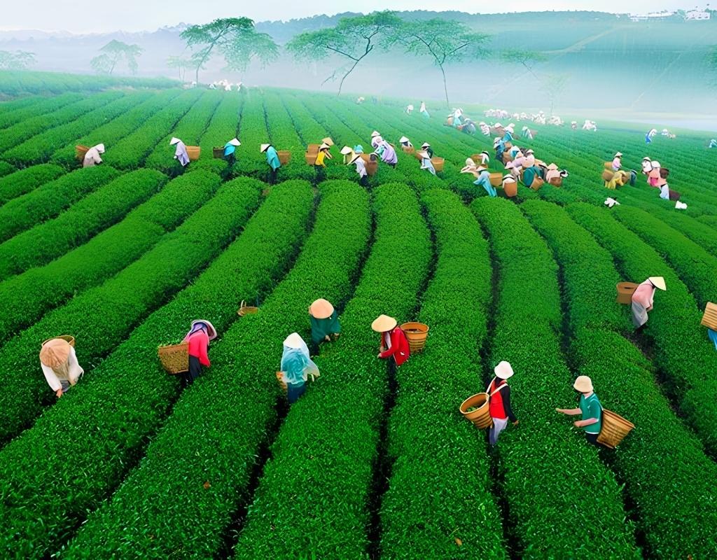 Búp chè non xanh tươi trên những luống chè tại Đồi chè Cầu Đất, Đà Lạt.
