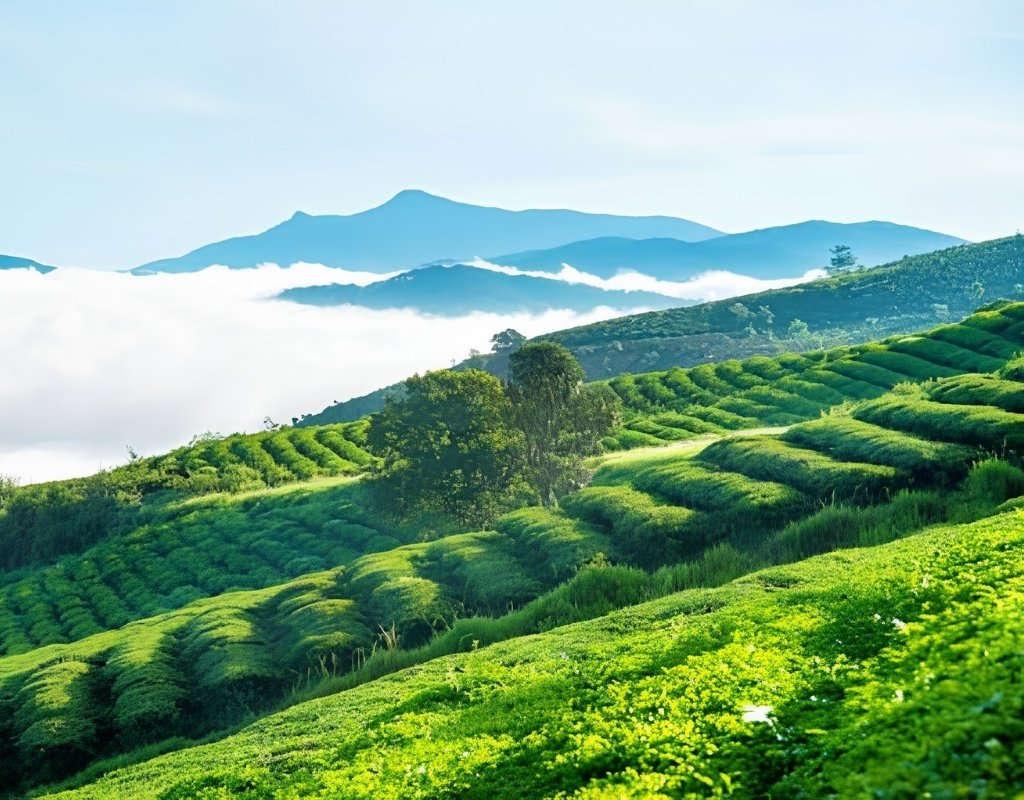 Đồi chè Cầu Đất tại phường Xuân Trường - Đà Lạt với những luống chè xanh trải dài và trụ điện gió trắng.