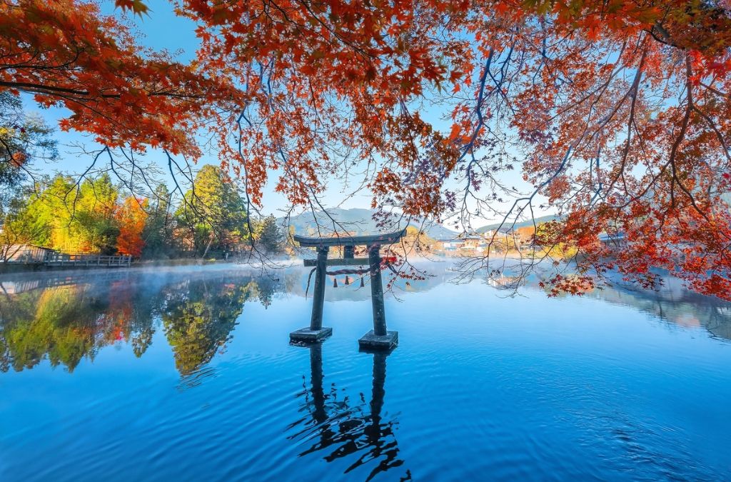 Cổng Torii bên hồ Kinrin giữa lá đỏ Yufuin