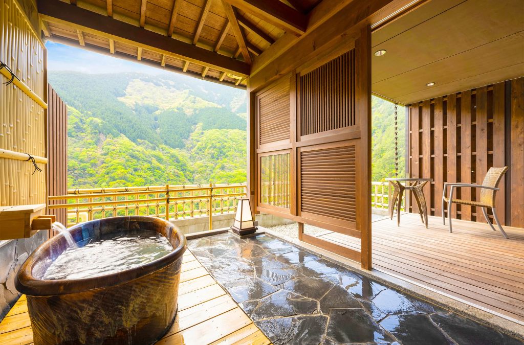 Bồn tắm onsen ngoài trời nhìn ra núi rừng