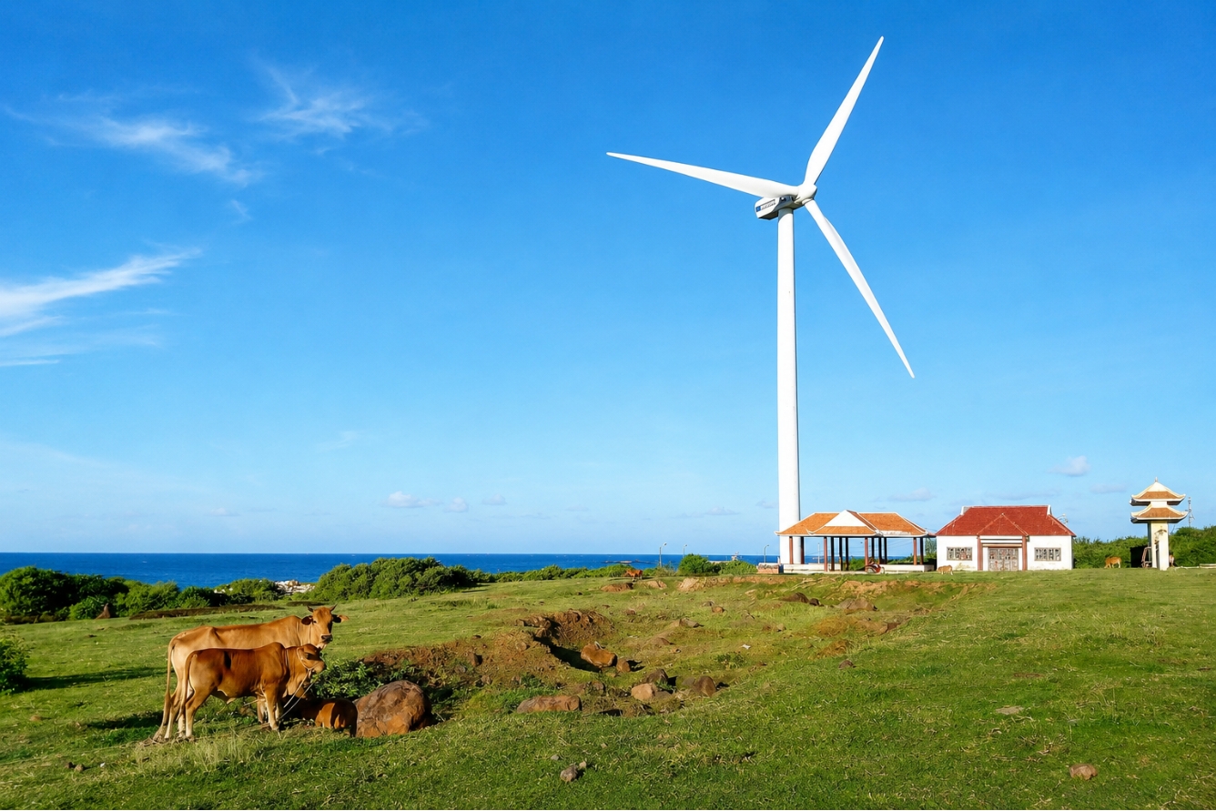 Những turbine gió tại Phong Điện tạo nên dấu ấn riêng cho đảo Phú Quý.