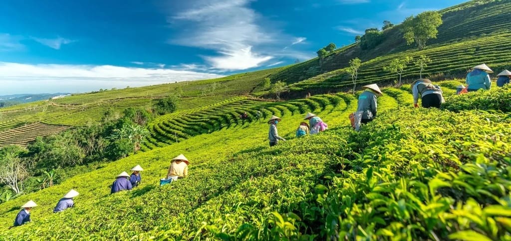 Những luống chè xanh trên đồi chè Cầu Đất Đà Lạt