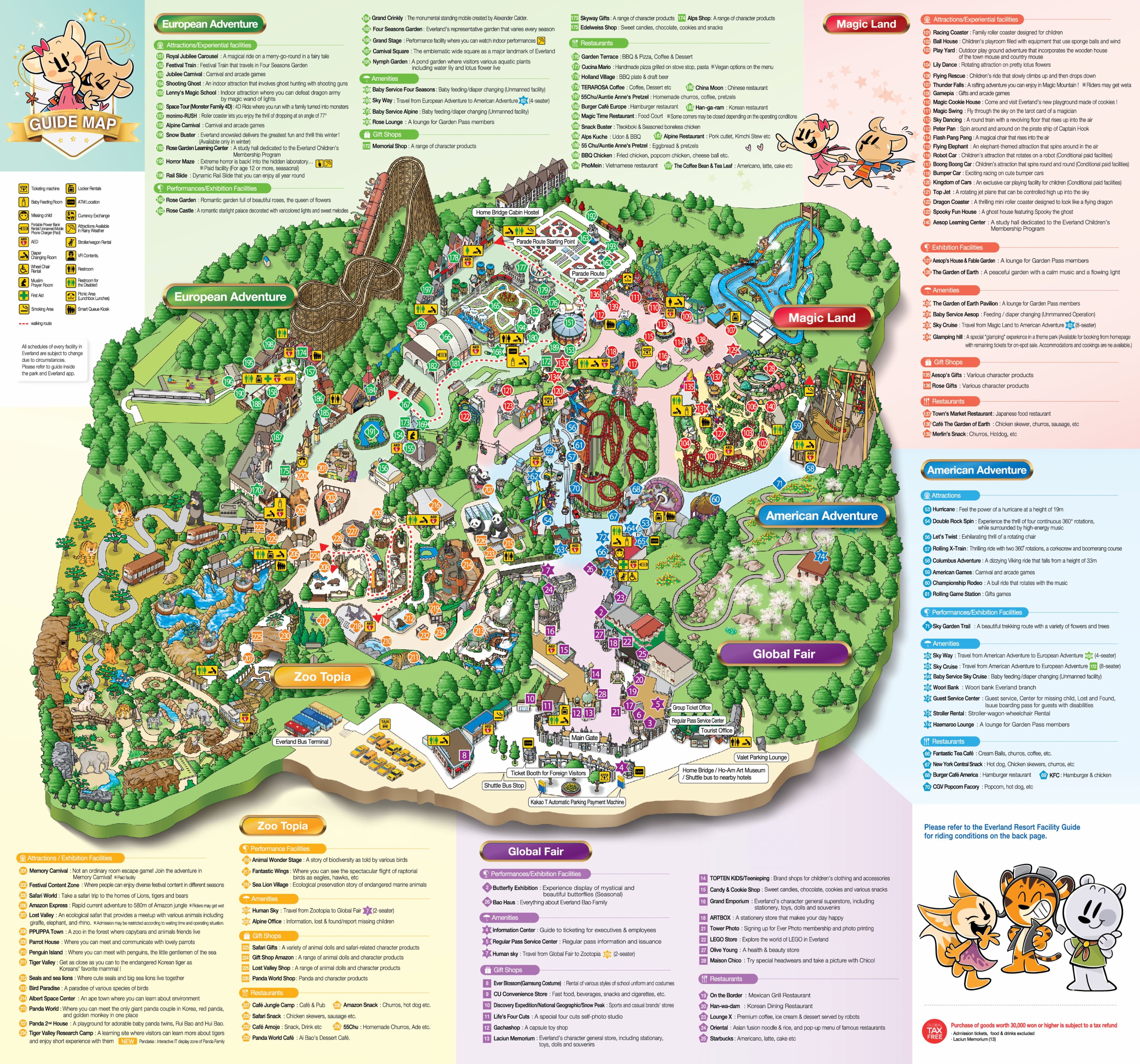 Bản đồ Everland giúp xác định vị trí 5 khu chủ đề và các điểm vui chơi trong công viên. (Ảnh: Sưu tầm)