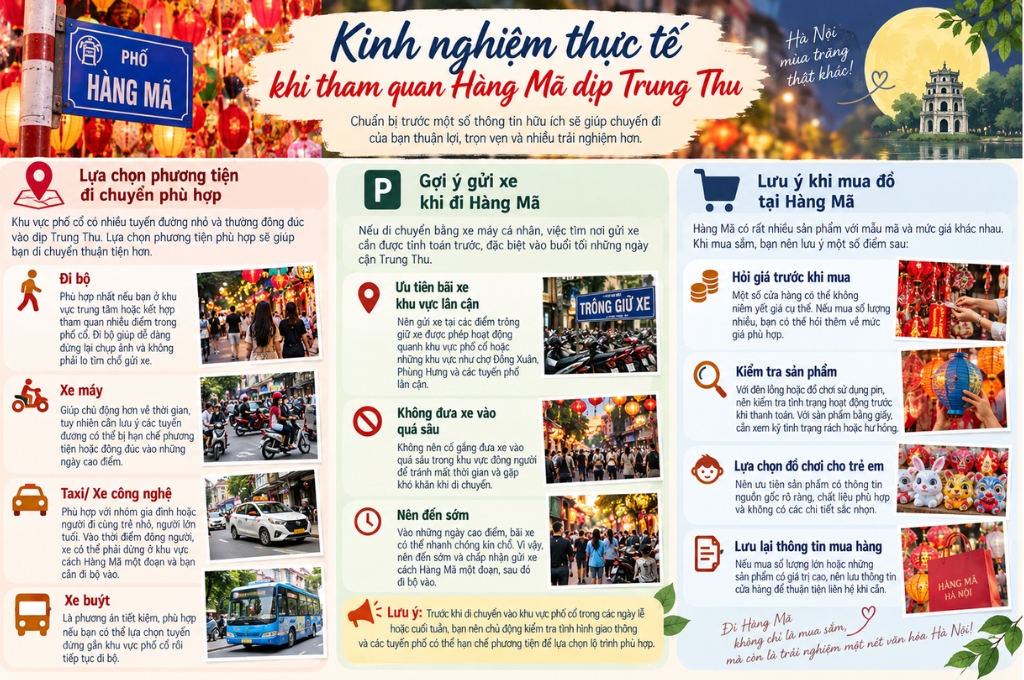 Kinh nghiệm tham quan Hàng Mã Trung Thu về di chuyển, gửi xe và mua sắm.