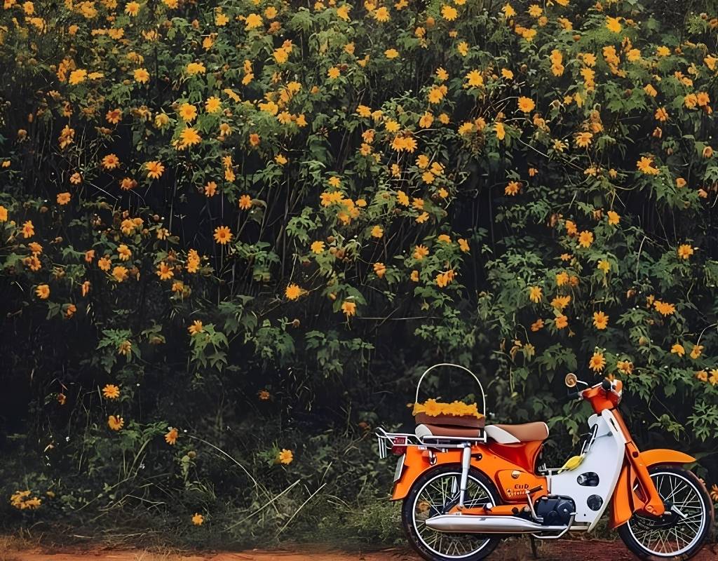Xe máy là phương tiện phổ biến để săn hoa dã quỳ.