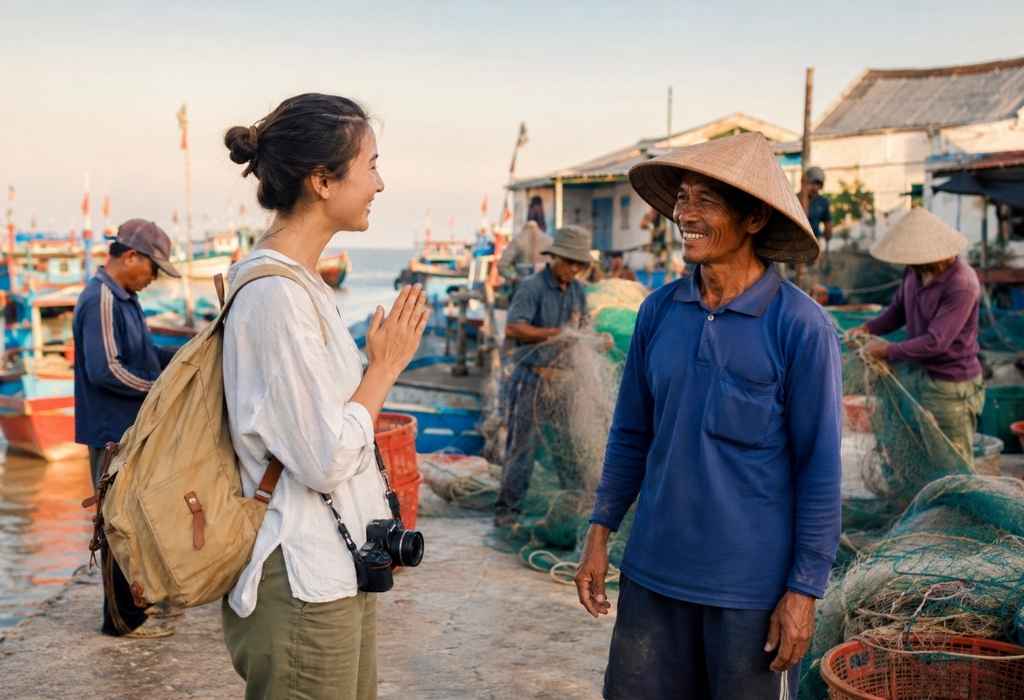 Du khách trò chuyện với ngư dân làng chài