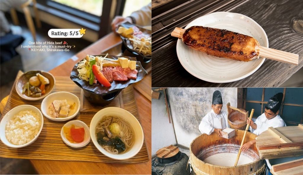 Các món ngon tại làng Shirakawa-go: thịt bò Huida, mì soba, rượu nếp đục, bánh nếp nướng Gohei Mochi