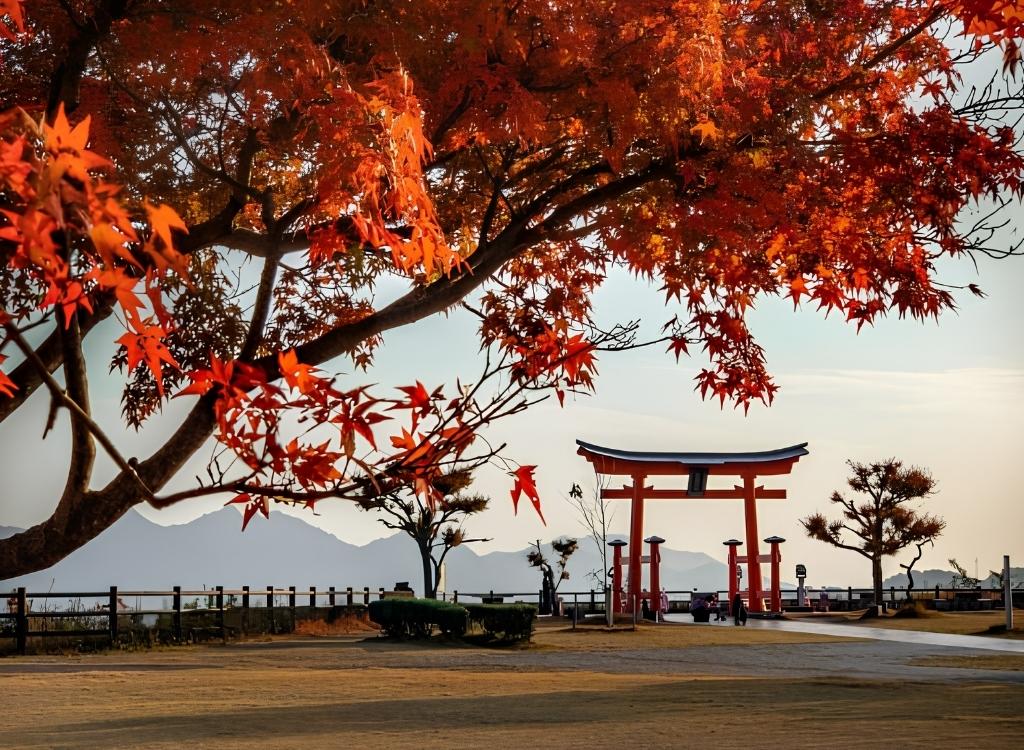 Cổng Torii giữa lá đỏ Miyajima