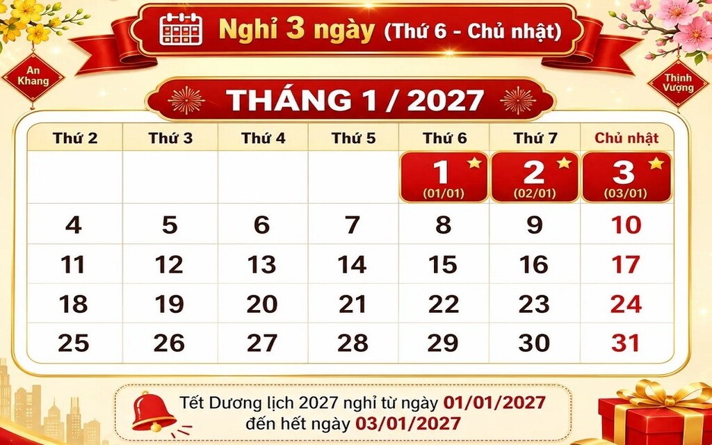 Lịch nghỉ Tết Dương lịch 2027