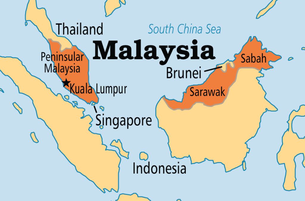 Bản đồ Malaysia gồm bán đảo Malaysia, Sabah và Sarawak