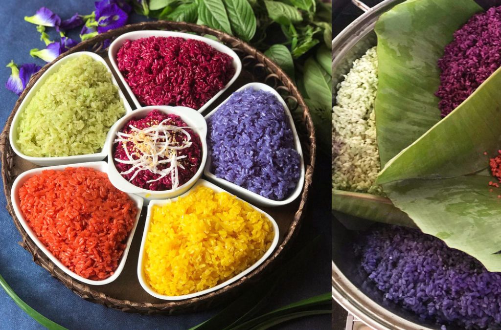 Đĩa xôi ngũ sắc của người Thái ở Mộc Châu nhuộm màu từ lá cây tự nhiên