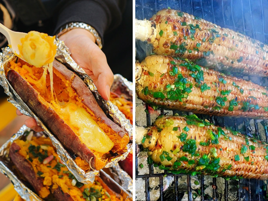 Khoai và bắp nướng thơm lừng bên bếp than