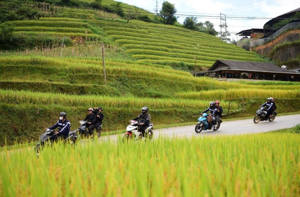 Xe máy chạy qua ruộng bậc thang Mù Cang Chải