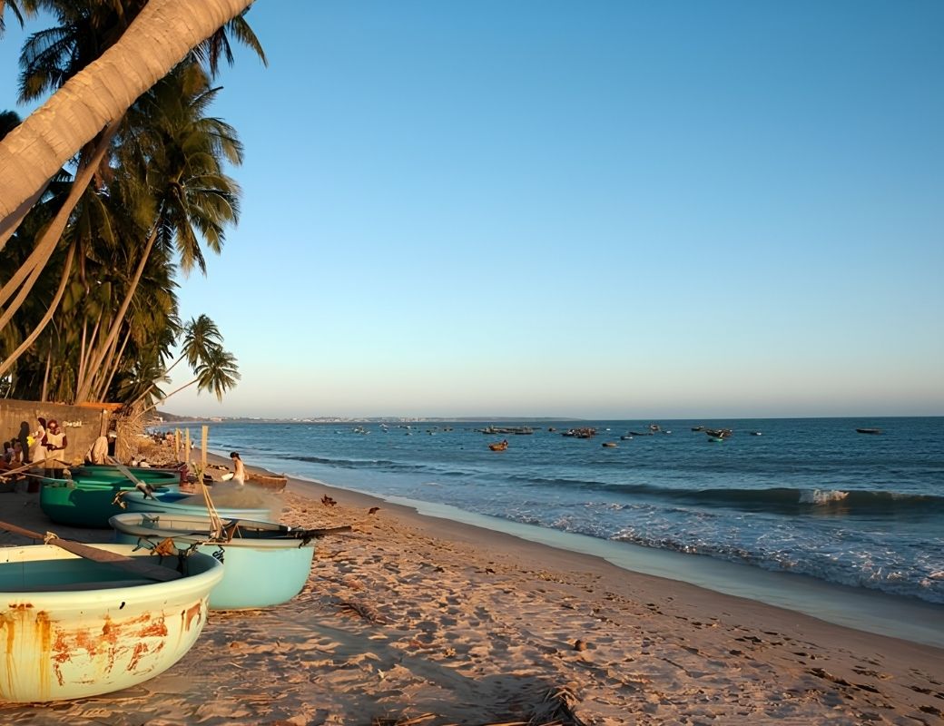 Bờ biển Hàm Tiến với hàng dừa.