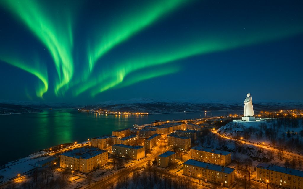Cực quang xanh trên bầu trời đêm tại Murmansk