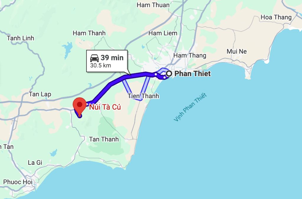 Bản đồ đường từ Phan Thiết đến Núi Tà Cú