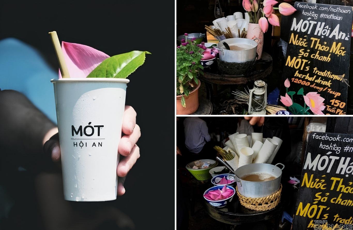 Ly nước Mót Hội An trang trí lá sen, ống hút tre và cánh sen hồng