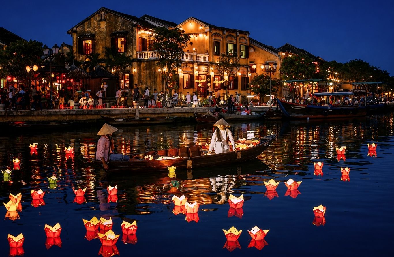Lễ hội đèn lồng Hội An về đêm với hoa đăng trên sông