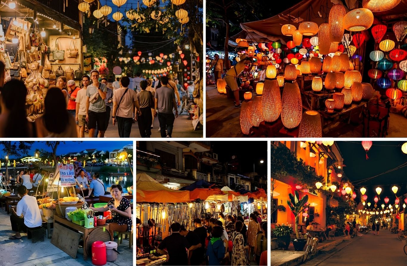 Chợ đêm Hội An với các gian hàng lưu niệm và đèn lồng rực rỡ