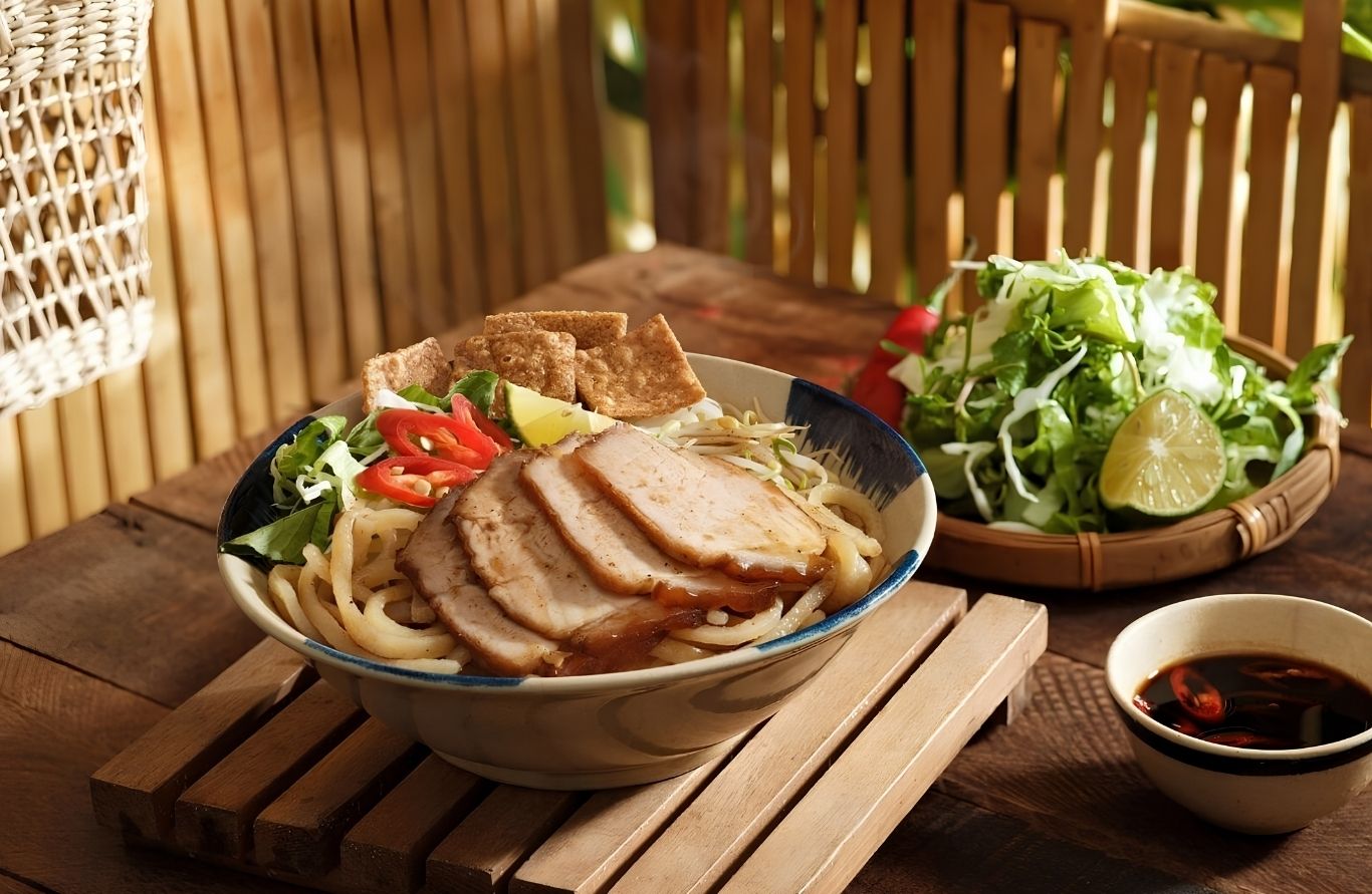 Tô cao lầu Hội An với sợi mì vàng, thịt xíu, rau sống và tóp mỡ giòn