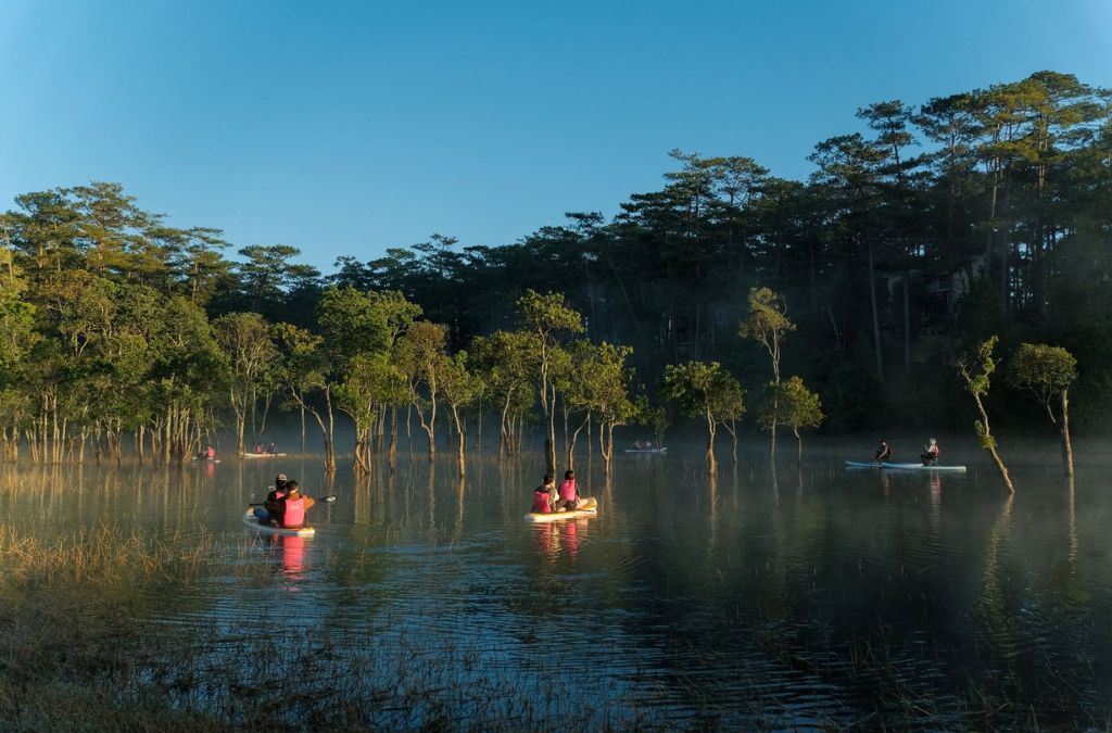 Hai chiếc kayak trên mặt nước giữa rừng chò Suối Tía