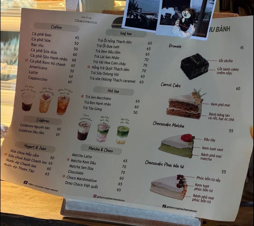 Menu và giá đồ uống tiệm cà phê Cheo Veooo 8/2026