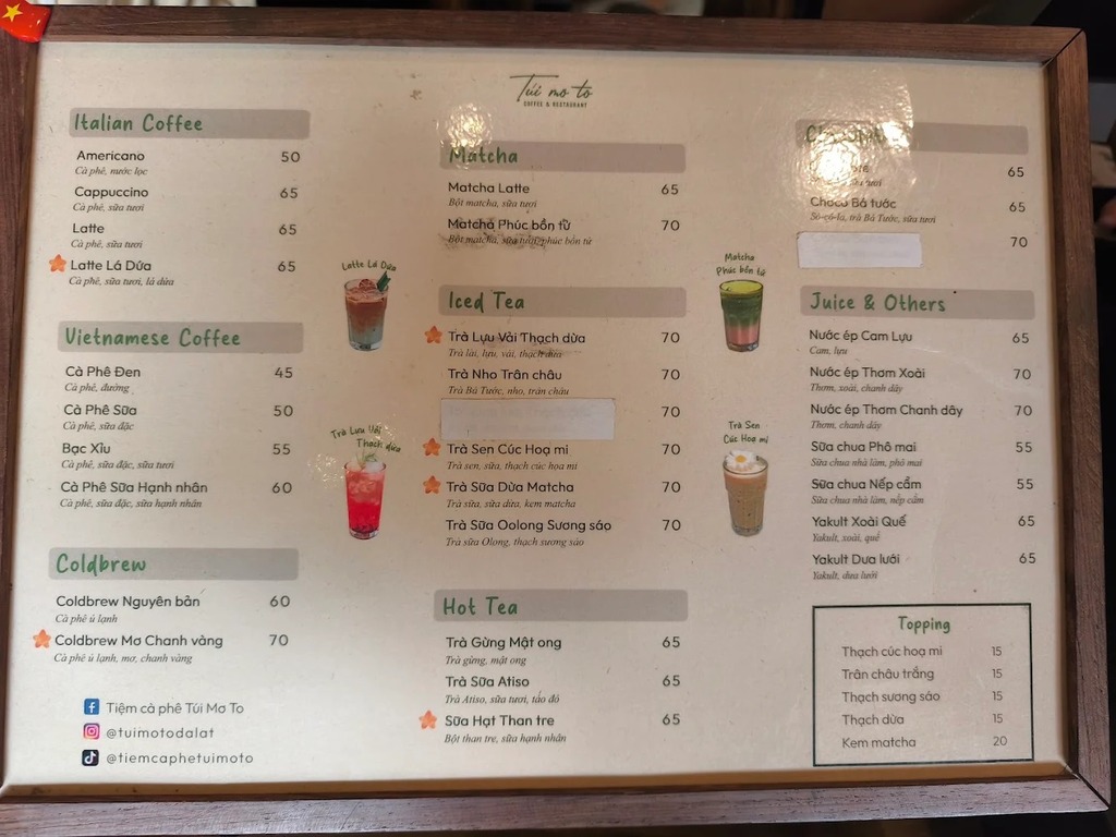 Menu đồ uống tại Tiệm cà phê Túi Mơ To
