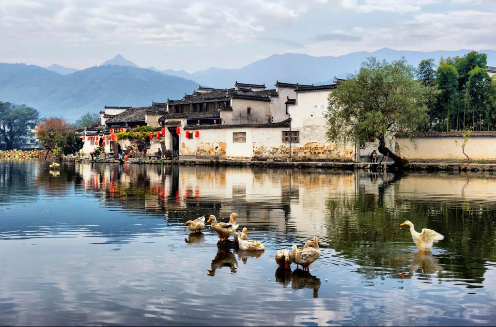 Làng cổ Vũ Nguyên soi bóng bên mặt nước