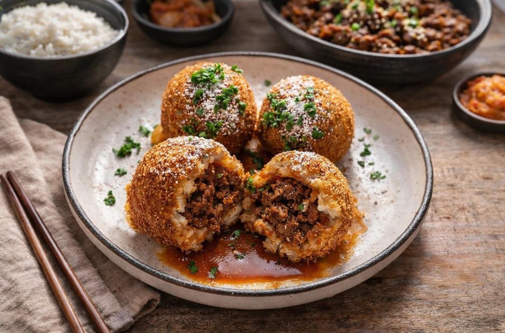 Những viên cơm chiên arancini nhân thịt sốt cà chua trên đĩa